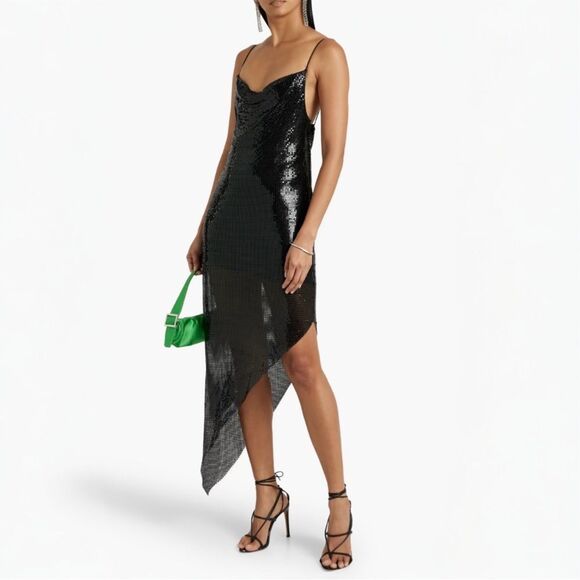 Alice + Olivia Chainmail‎ Midi Slip Dress Size 2  Asymmetric Hem Open Back Black - Picture 1 of 14